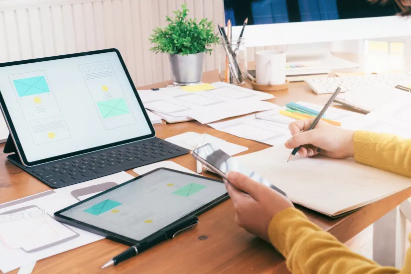 A b2b content writer researching and making notes